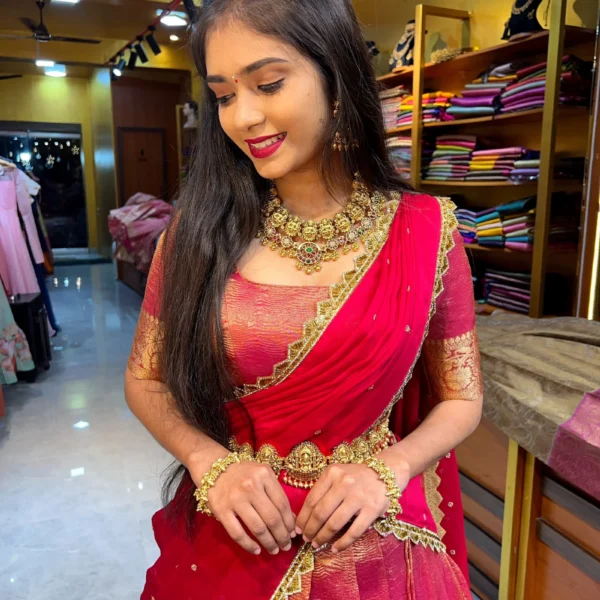 Rose Gold Crushed with Rani Pink Tissue Half Saree